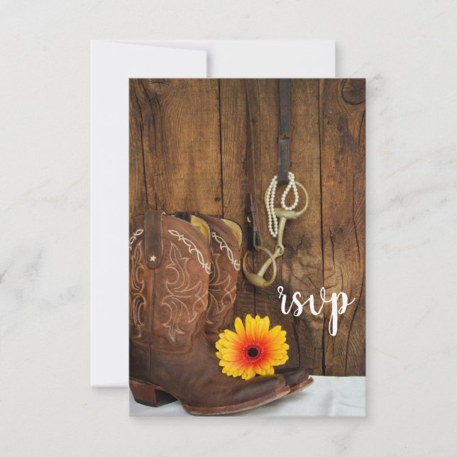 Cowboy Boots Daisy Horse Bit Barn Wedding RSVP Karte (Vorderseite)