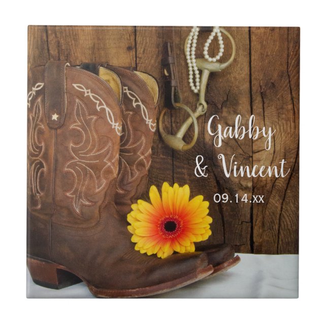 Cowboy Boots, Daisy und Horse Bit Western Hochzeit Fliese (Vorderseite)