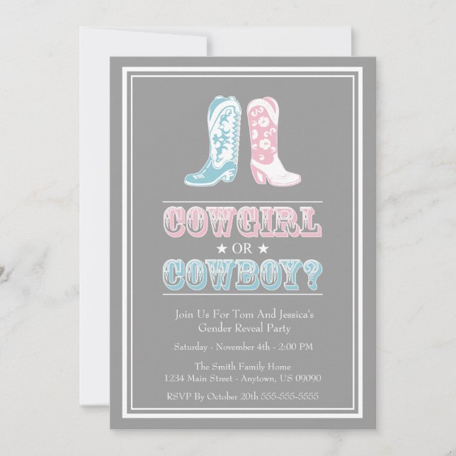 Cowboy Boots Gender-Aufklärung Party Einladungen (Vorderseite)