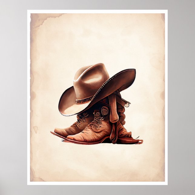 Cowboy Boots & Hat Aquarellkunst Poster (Vorne)
