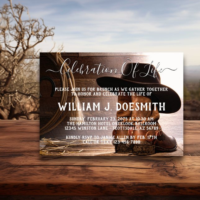 Cowboy Boots Hat-Beerdigung Einladung (Cowboy hat and boots memorial and funeral announcement. Simply add your event details.)