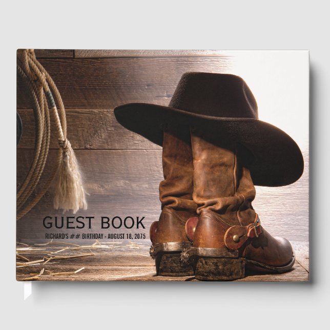 Cowboy Boots Hat Mans Birthday Party Gästebuch (Vorderseite)