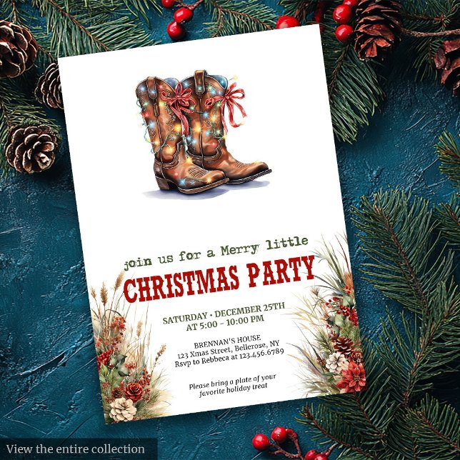 Cowboy Boots Red Green Christmas Invitation Einladung (Rustic Western Christmas invite with cowboy boots, lassos, and festive red-green charm.)