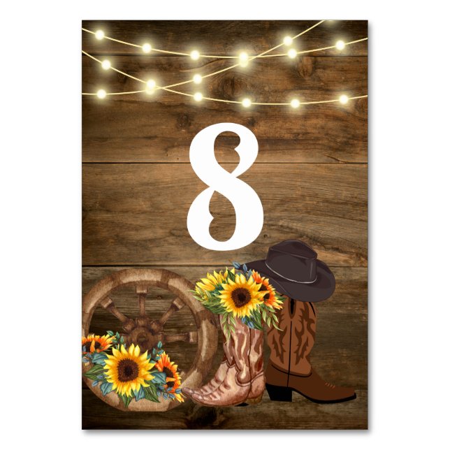 Cowboy Boots Sonnenblumen Country Western Hochzeit Tischnummer (Vorderseite)