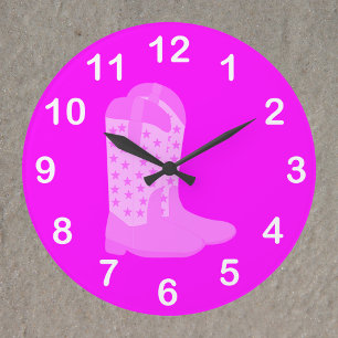 Cowboy Boots Stars Pink White Numbers Große Wanduhr