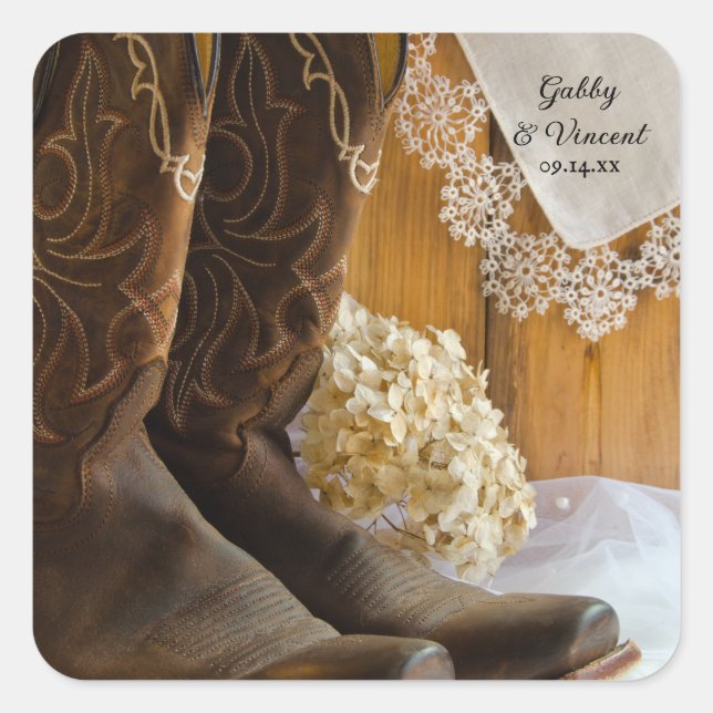 Cowboy Boots und Lace Country Barn Wedding Quadratischer Aufkleber (Vorderseite)