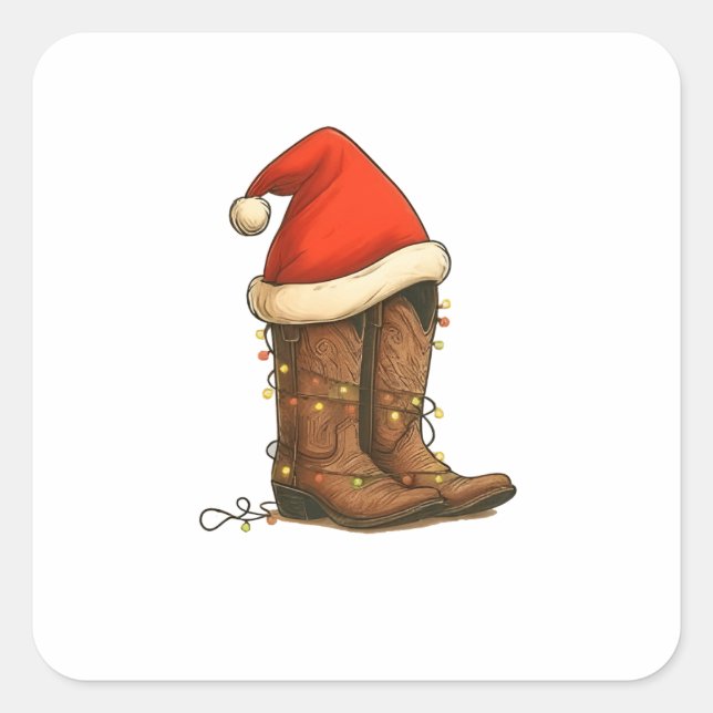 Cowboy Boots Weihnachts-Western Weihnachtsmannmütz Quadratischer Aufkleber (Vorderseite)