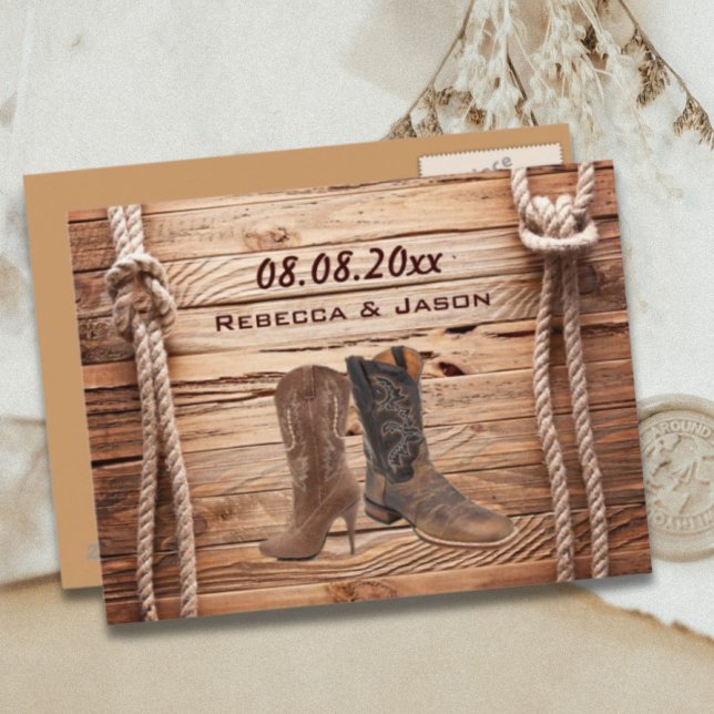 Cowboy Boots Western Land Save the Date Ankündigungspostkarte (wood Cowboy Boots Western country save the date Announcement Postcard)