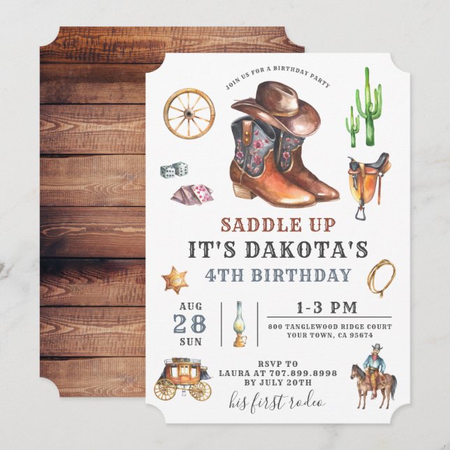Cowboy Boy 4. Geburtstag Einladung (Vorne/Hinten)