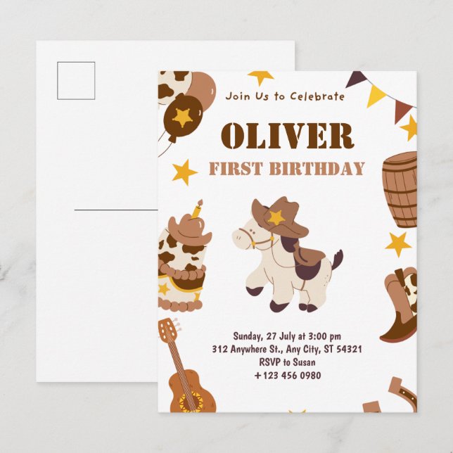 Cowboy Boy Rodeo Premier Anniversaire Modèle Carte (Devant / Derrière)