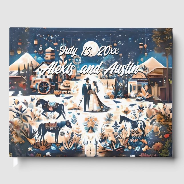 Cowboy & Bride Blue Western Style Wedding Gästebuch (Vorderseite)