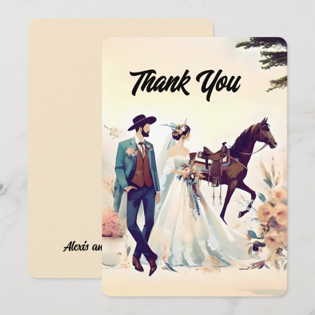 Cowboy, Bride & Horse Vielen Dank für Ihre Hochzei Dankeskarte (Vorne/Hinten)