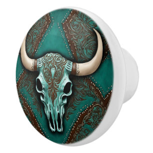 Cowboy Brown Türkis Western Country Bull SKull Keramikknauf