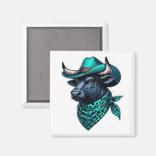 Cowboy Bull mit türkisfarbenem Hut und Gemustertem Magnet