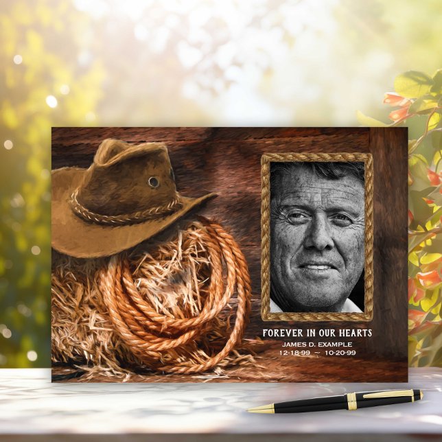 Cowboy Casquette Photo Funeral Memorial Livre d'or (Rustic cowboy memorial service and funeral guest book.)