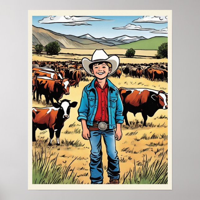 Cowboy Cattle Ranch Young Boy Graphic Art Poster (Vorne)