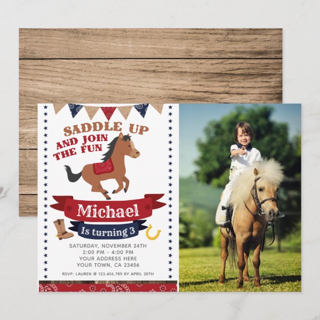 Cowboy, Cheval Anniversaire Invitation avec photo (Devant / Derrière)
