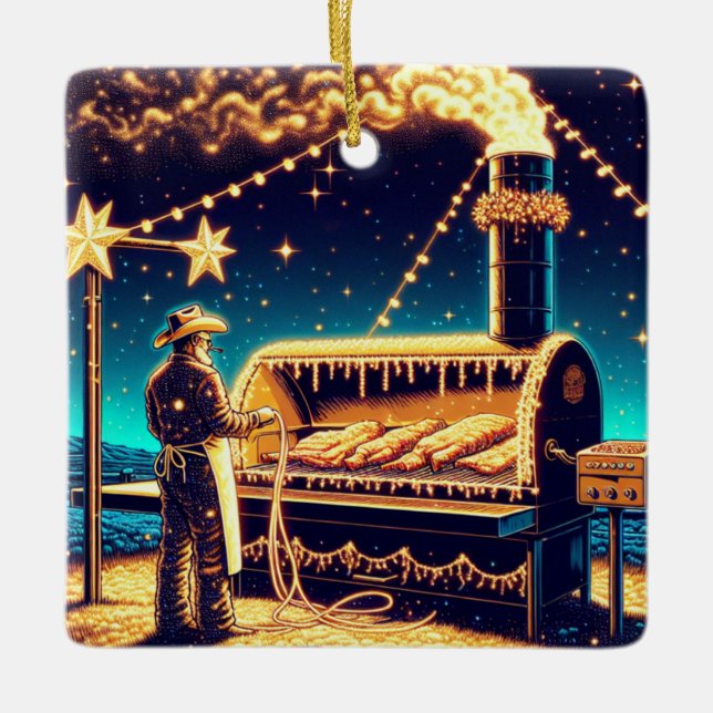 Cowboy Cooking auf der GRILLEN Pit Weihnachten Keramikornament (Vorderseite)