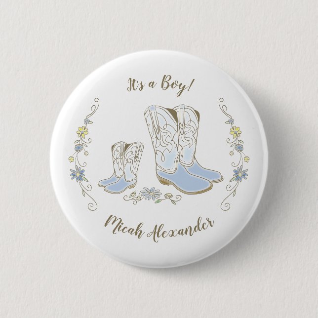 Cowboy Country Western Thema Blue Baby Dusche Button (Vorderseite)