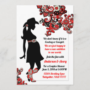Cowboy Cowgirl Black Red White Paares Babydusche Einladung