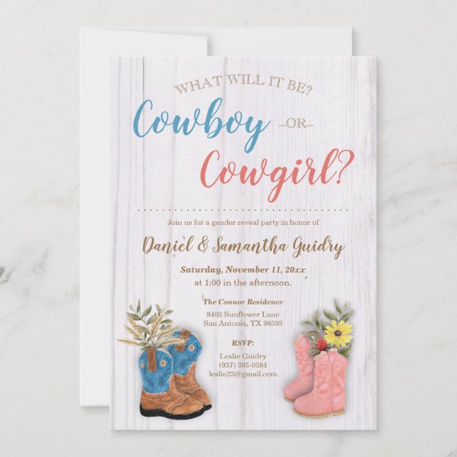 Cowboy/Cowgirl Bootie Gender Reveal Einladung (Vorderseite)