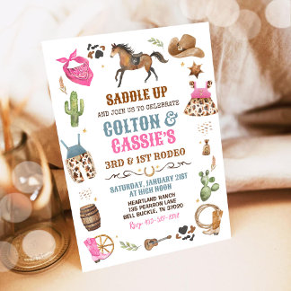 Cowboy Cowgirl Sibling Blue Pink 1. Rodeo Party Einladung