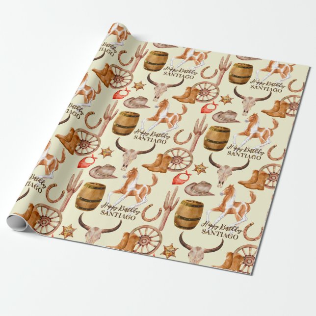 Cowboy Cowgirl Western Pferd personalisierter Name Geschenkpapier (Ungerollt)
