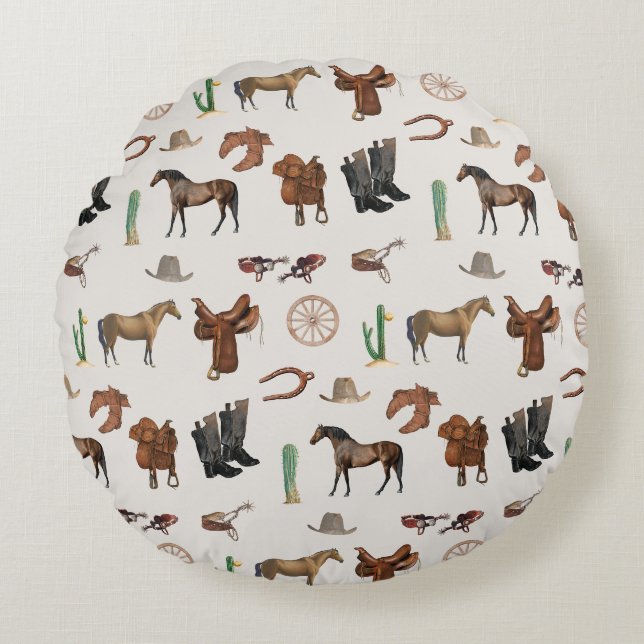 Cowboy Cowgirl Western Rodeo Country Pattern Rundes Kissen (Vorderseite)