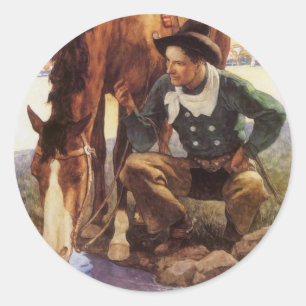 Cowboy, der sein Pferd tränkt von NC Wyeth, Vintag Runder Aufkleber