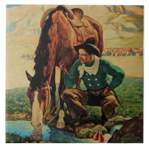 Cowboy, der sein Pferd wässert von NC Wyeth Fliese