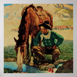 Cowboy, der sein Pferd wässert von NC Wyeth Poster