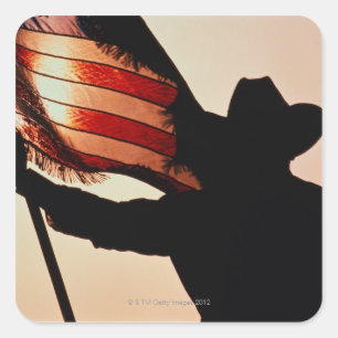 Cowboy, der US Flagge hält, Silhouette, Quadratischer Aufkleber