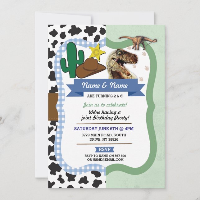Cowboy & Dinosaurier Boys Brothers Birthday Invasi Einladung (Vorderseite)