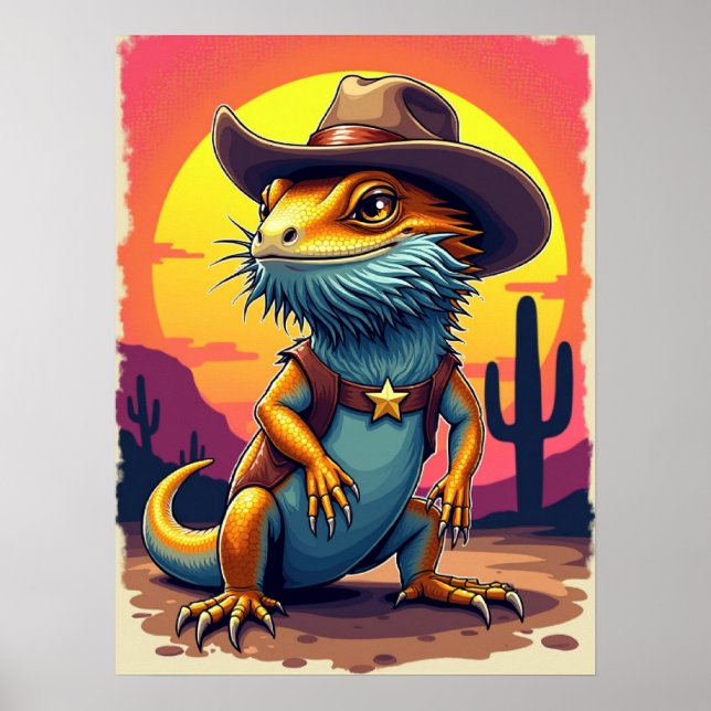 Cowboy Dragon Lizard - Funny Fantasy Poster (Vorne)