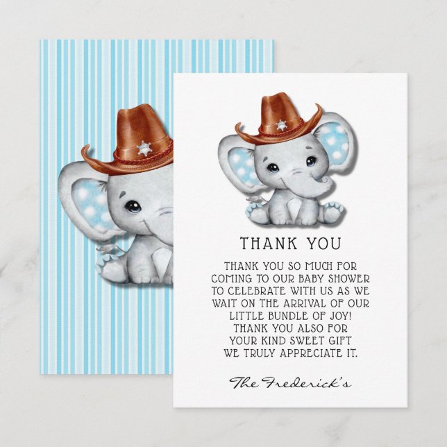 Cowboy Elephant Baby Dusche Danke Karten (Vorne/Hinten)
