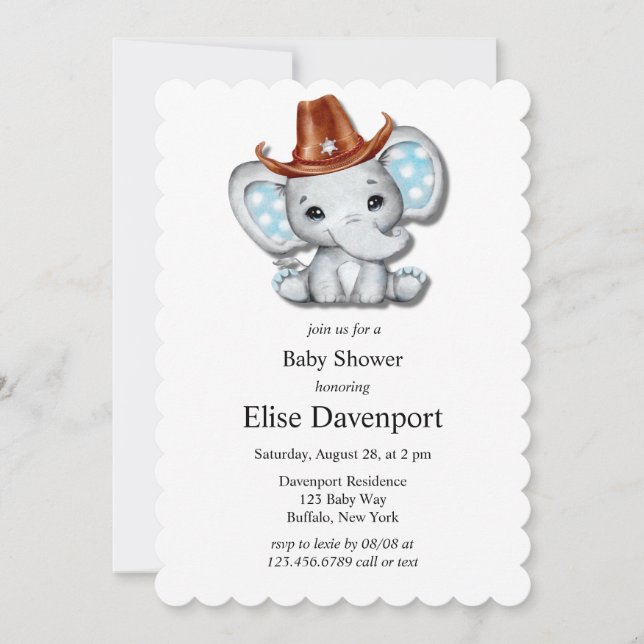 Cowboy Elephant Boy Baby Dusche Einladung (Vorderseite)