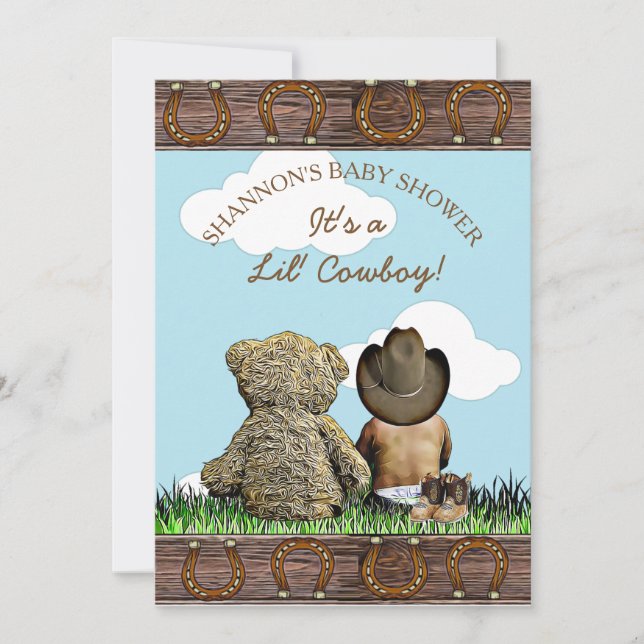Cowboy Ethnic Baby and Teddy Bear Baby Shower Einladung (Vorderseite)