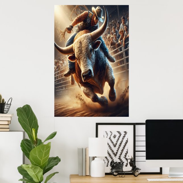 Cowboy fährt einen Bullen Poster (Heimbüro)