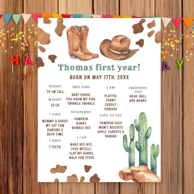 Cowboy First Birthday Milestone Geburtstag Poster (Von Creator hochgeladen)