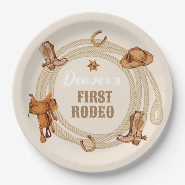 Cowboy First Rodeo Geburtstagsgeschlecht neutral Pappteller (Vorderseite)