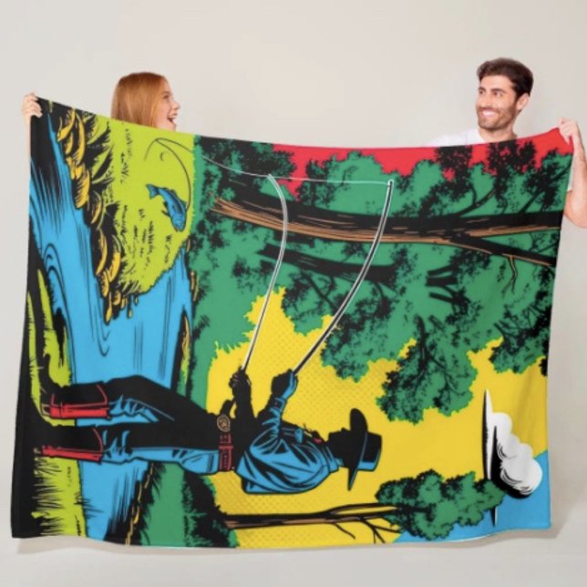 Cowboy-Fischer am Flussufer Fleece-Decke Fleecedecke (Retro Cowboy Fishing Riverside Scene blanket - soft and colourful available  in 3 different sizes. )