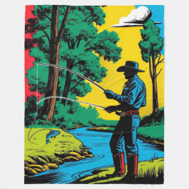 Cowboy Fisherman on Riverbank Fleece Blanket