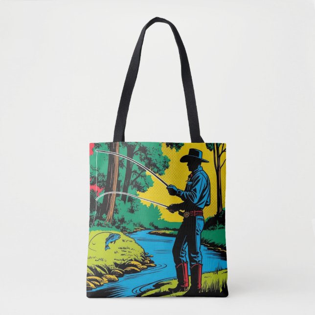 Cowboy Fisherman on Riverbank Tasche (Vorderseite)