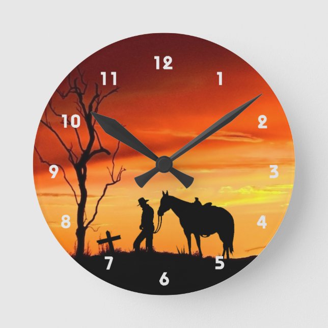 Cowboy Gebet Silhouette Wall Clock Runde Wanduhr (Vorderseite)