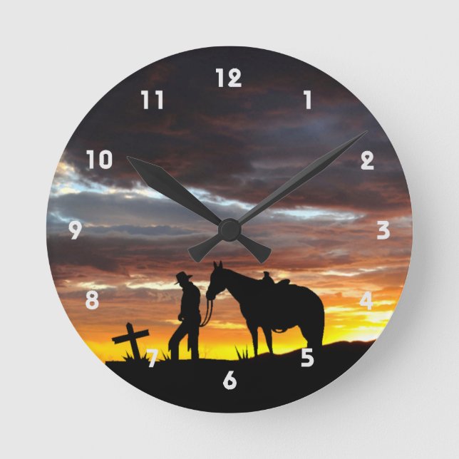 Cowboy Gebet Silhouette Wall Clock Runde Wanduhr (Vorderseite)