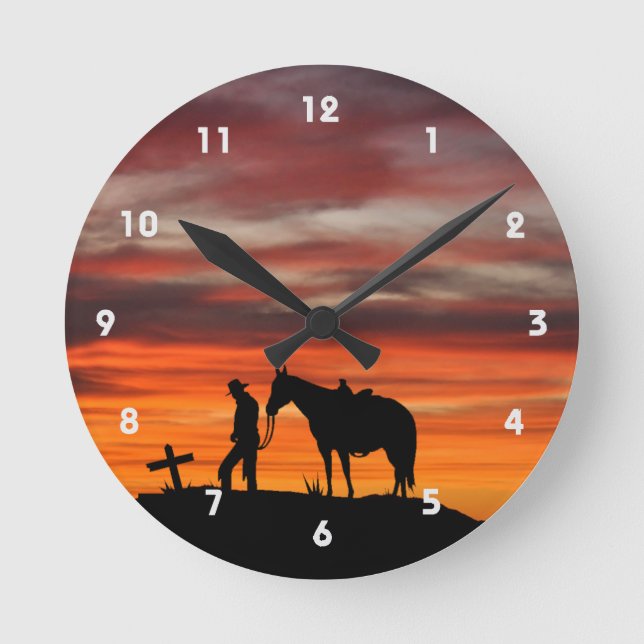Cowboy Gebet Silhouette Wall Clock Runde Wanduhr (Vorderseite)