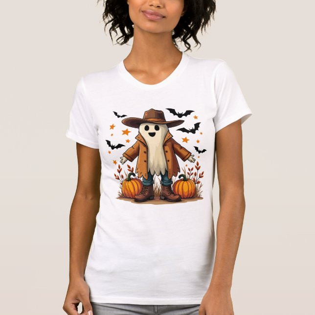 Cowboy Ghost Halloween Design mit Pumpki T-Shirt (Vorderseite)