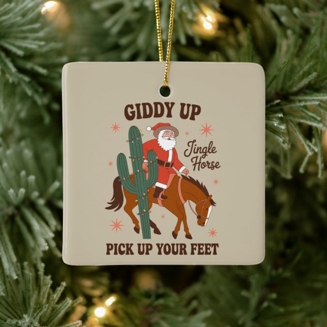Cowboy Giddy Up Jingle Pferd holt Ihr Füße hoch Keramikornament (Baum)