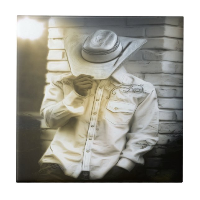 Cowboy hält seinen Hut Fliese (Vorderseite)