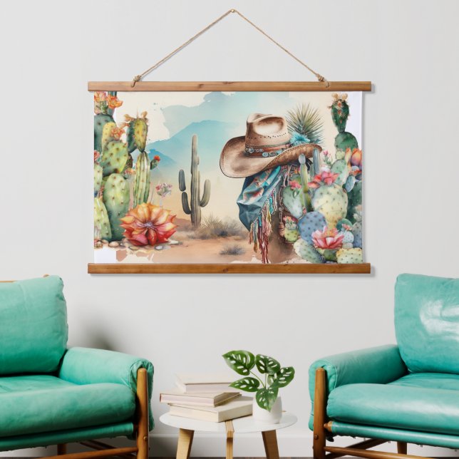 Cowboy hat Aquarellkaktus Western-Landschaft Wandteppich Mit Holzrahmen (Wohnzimmer)